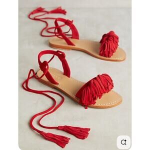MYSTIQUE Size 8 Boho Fringe Gladiator Suede LEATHER Sandals Red